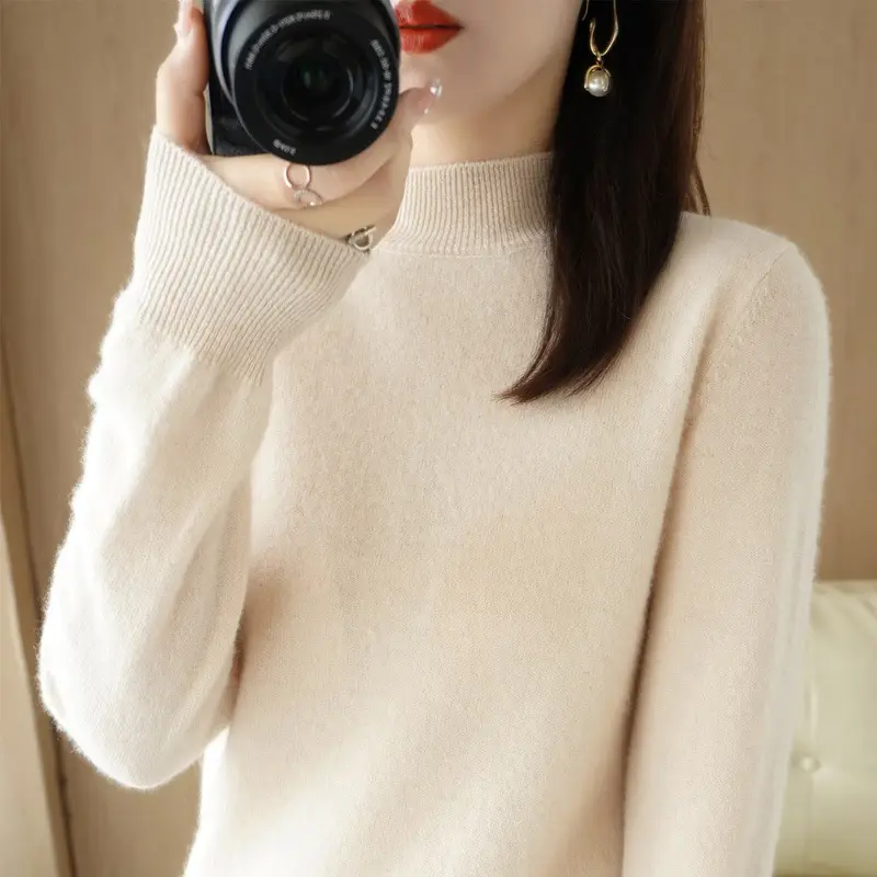 Women's Cream Knit Half Turtleneck Short Pullover - Image 20