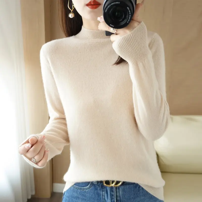 Women's Cream Knit Half Turtleneck Short Pullover - Image 4
