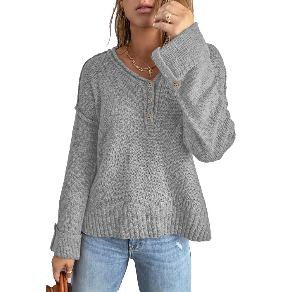 Gray Knitted Button Sweater for Women 2023 - Image 8