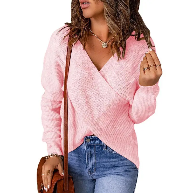 Pink Cross Knitted Women's Sweater for Autumn Winter - Image 4