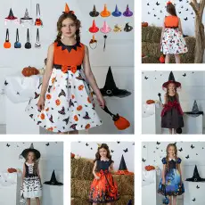 Children's Halloween Pumpkin Witch Dress White Cotton — feature 18