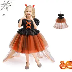 Children's Halloween Pumpkin Witch Dress White Cotton — feature 26