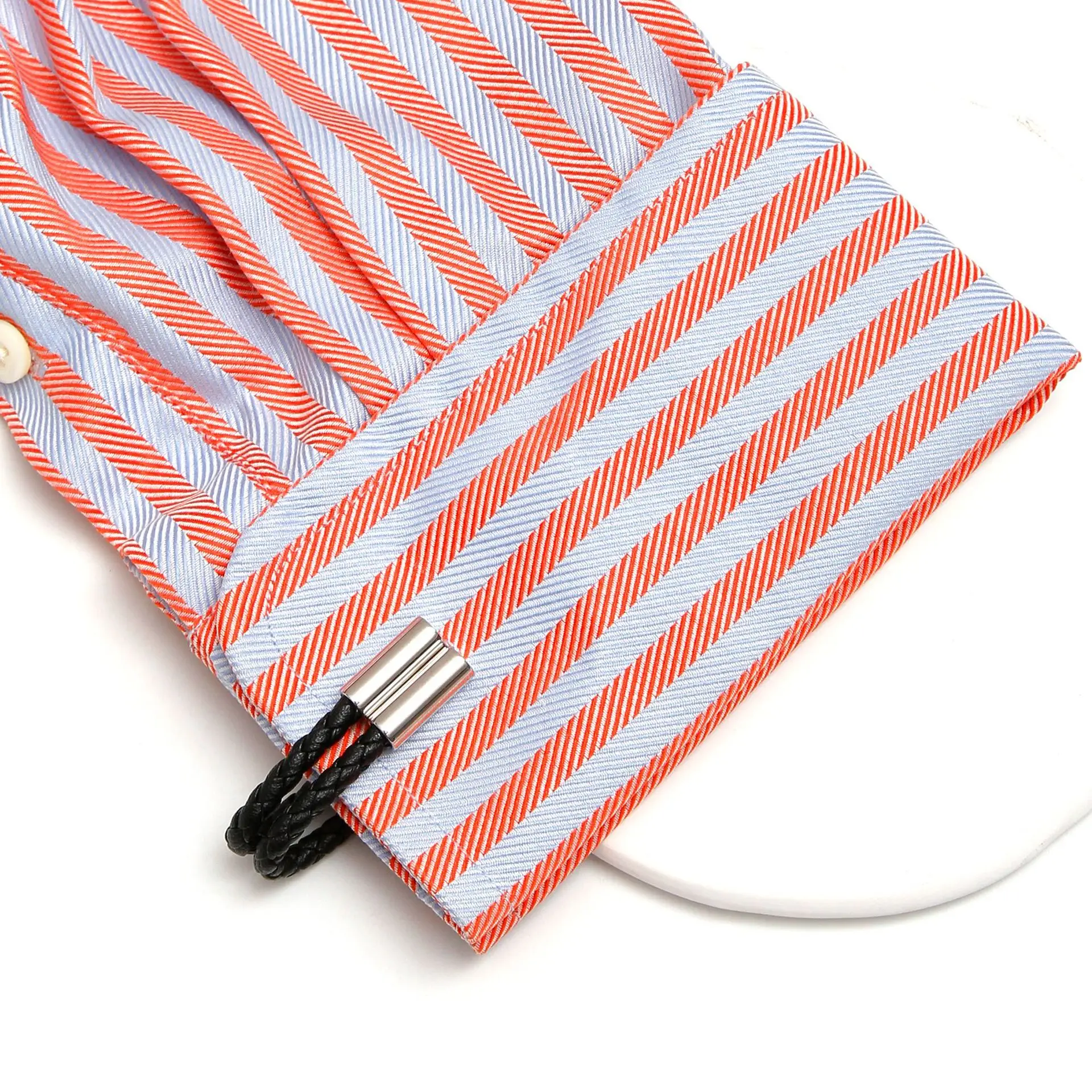 Men's Black Leather Braided Cufflinks Set 24g - Image 5