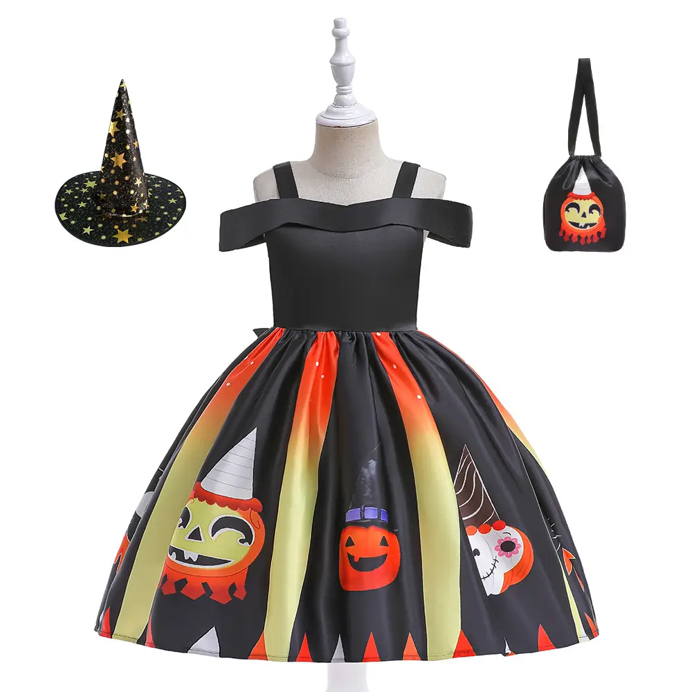 Pumpkin Witch Dress for Girls Halloween Cosplay Dress Orange Black