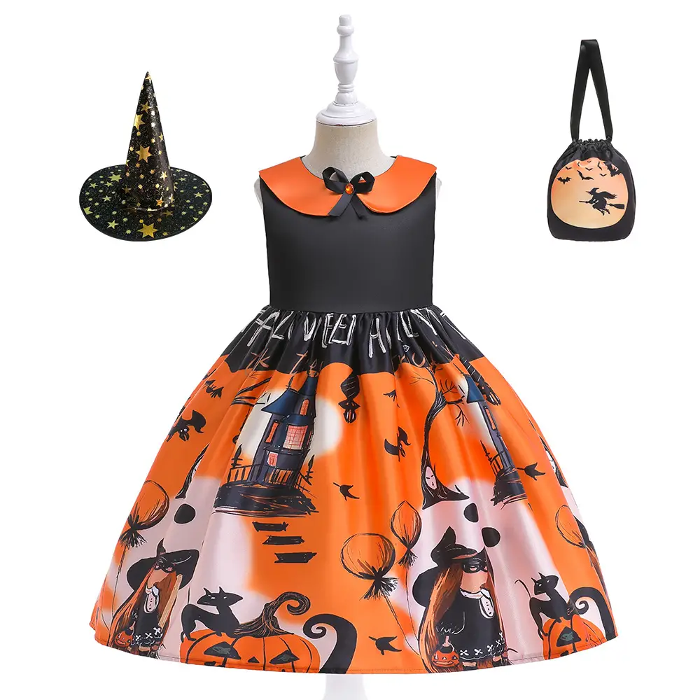 Pumpkin Witch Dress for Girls Halloween Cosplay Dress Orange Black
