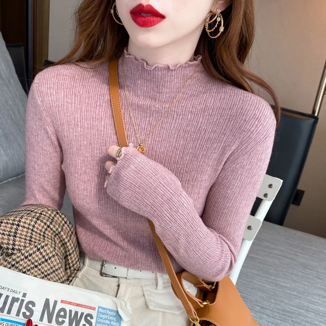 Women's Gold Knit Half-Turtleneck Sweater Winter Top - Image 9
