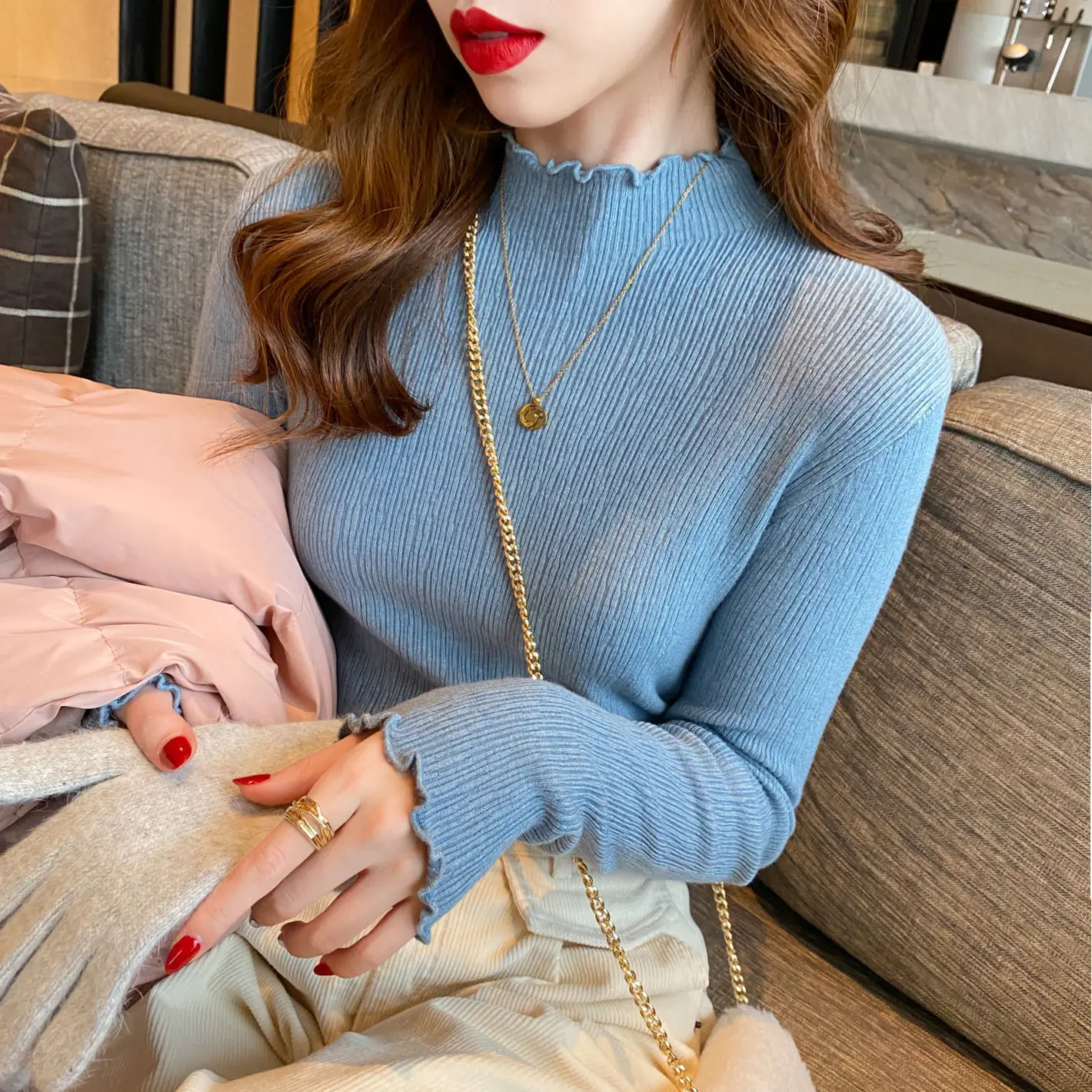 Women's Gold Knit Half-Turtleneck Sweater Winter Top - Image 11