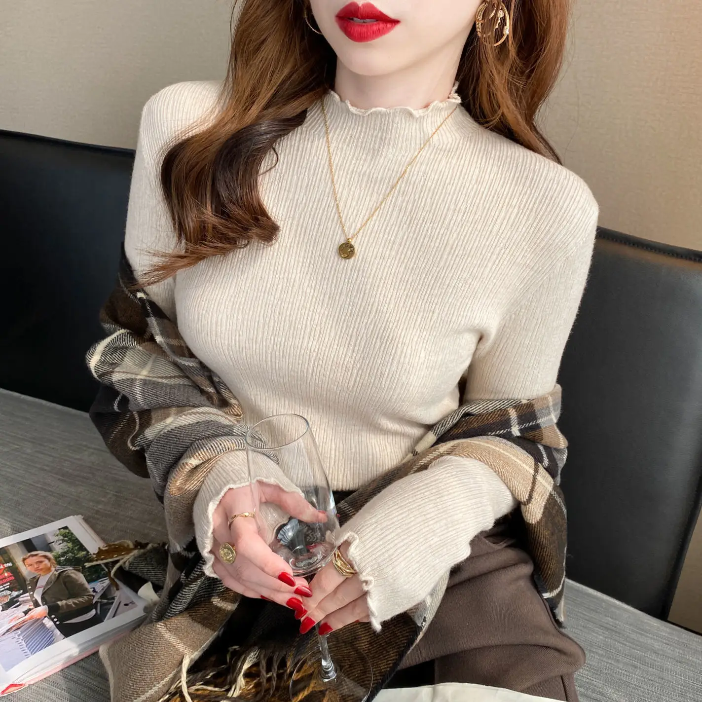Women's Gold Knit Half-Turtleneck Sweater Winter Top - Image 13