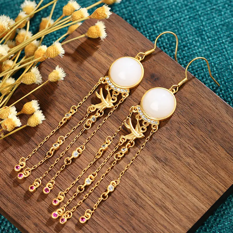 Gold Imitation Jade Tassel Earrings for Women - Image 3