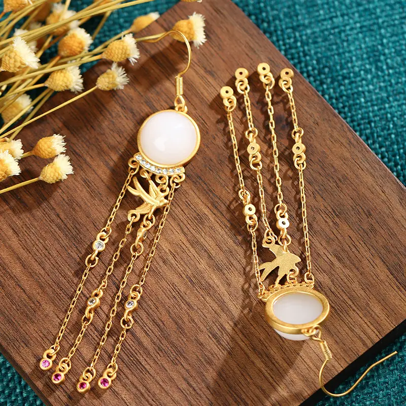 Gold Imitation Jade Tassel Earrings for Women - Image 4