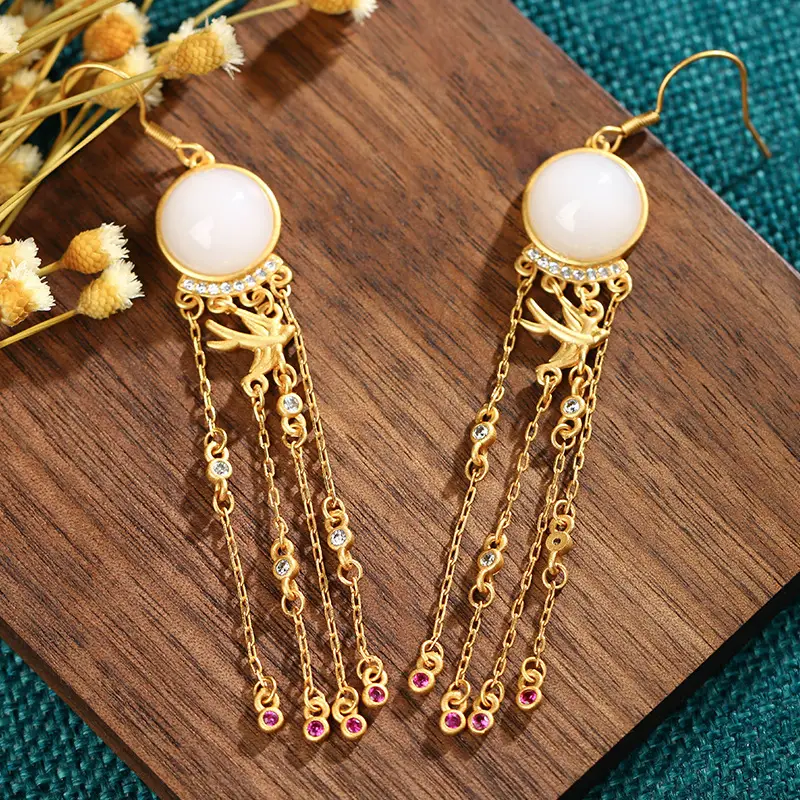 Gold Imitation Jade Tassel Earrings for Women - Image 5