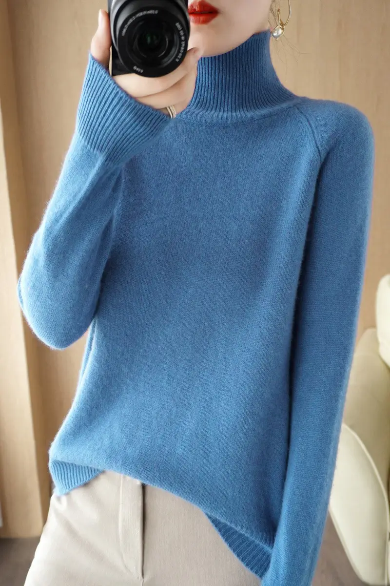 2022 Blue High-Neck Long Sleeve Pullover Knitwear - Image 5