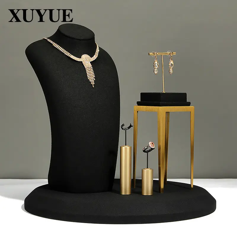 Black Microfiber Jewelry Display Stand with Neckpiece & Earrings - Image 12