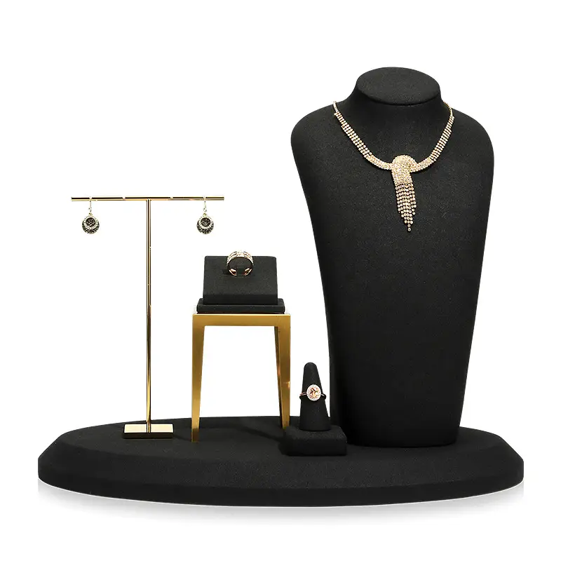 Black Microfiber Jewelry Display Stand with Neckpiece & Earrings - Image 13