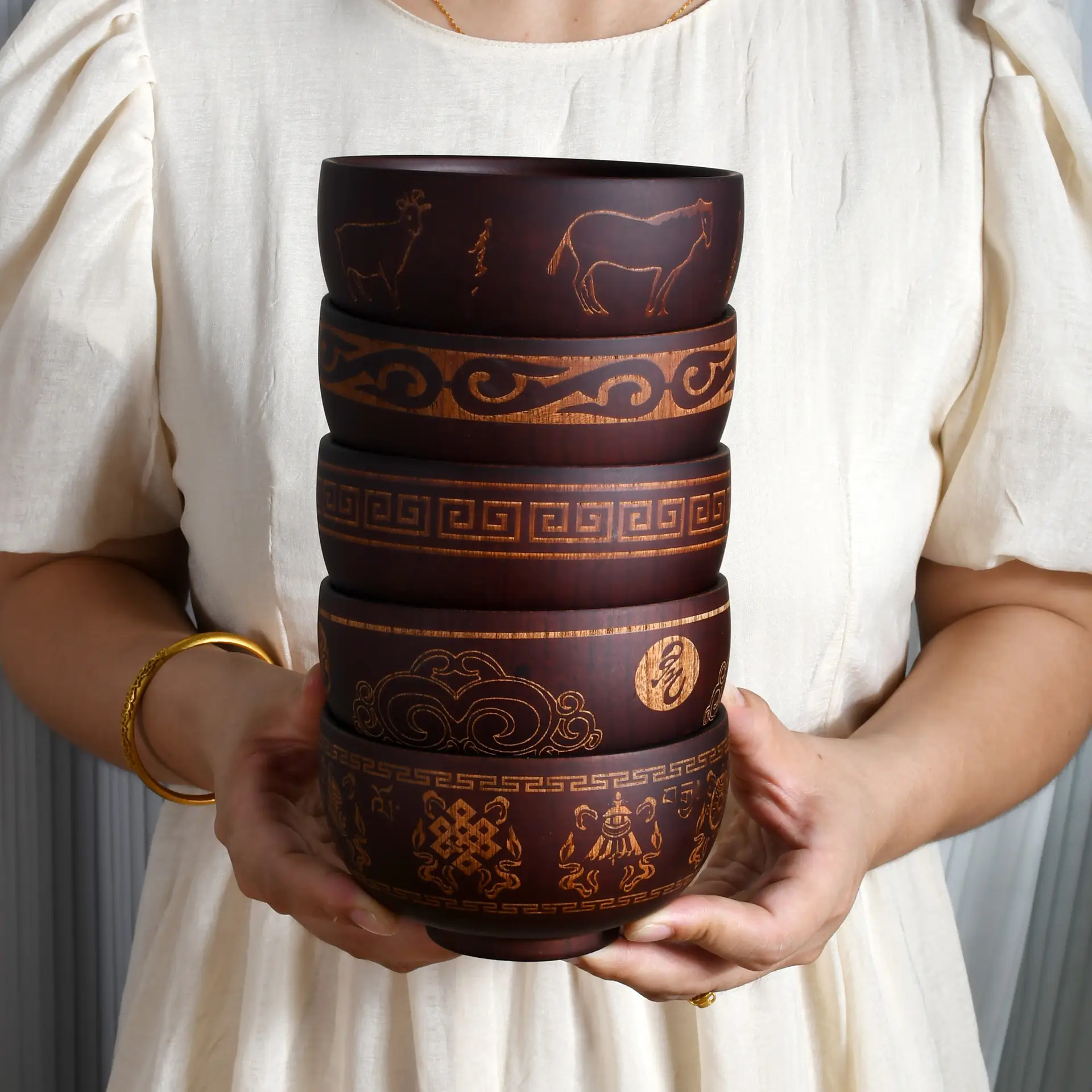 Ethnic Carved Wooden Bowl Set for Tableware - Image 7