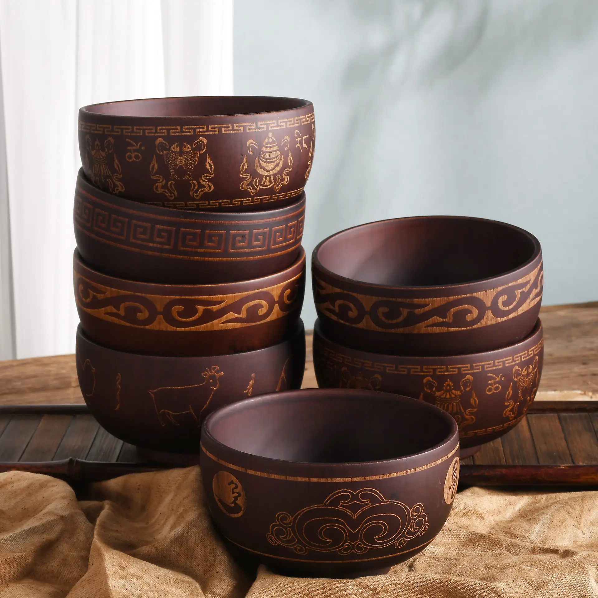 Ethnic Carved Wooden Bowl Set for Tableware - Image 8
