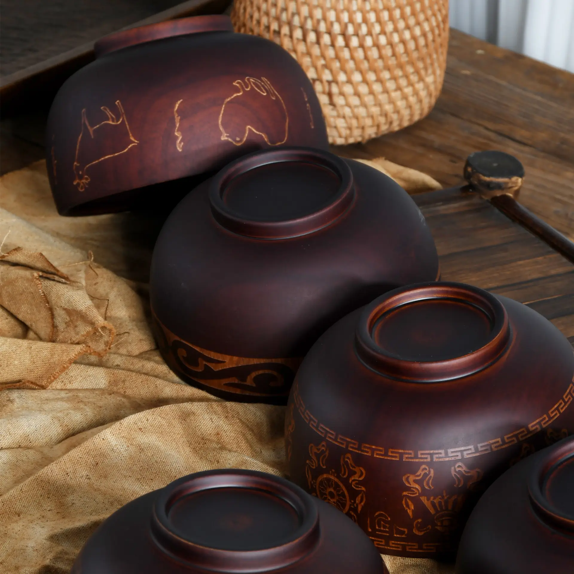 Ethnic Carved Wooden Bowl Set for Tableware - Image 9