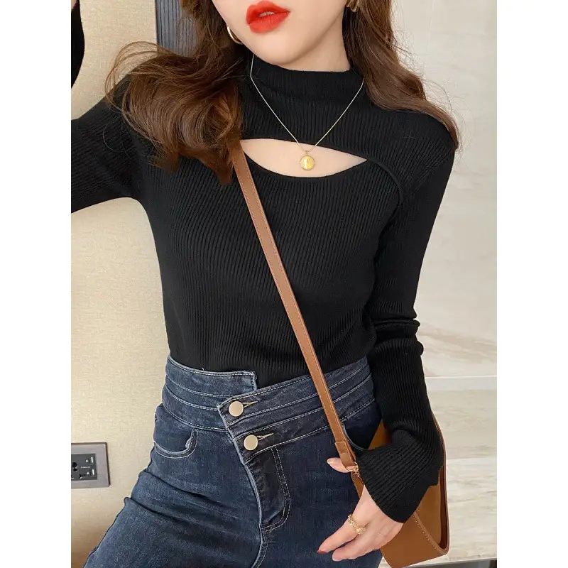 Women's Knitted Half Turtleneck Sweater Brown - Image 3