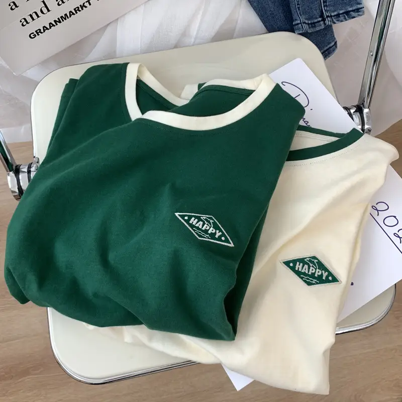 Women Crossbody T-Shirt Green Cream Contrast 2022