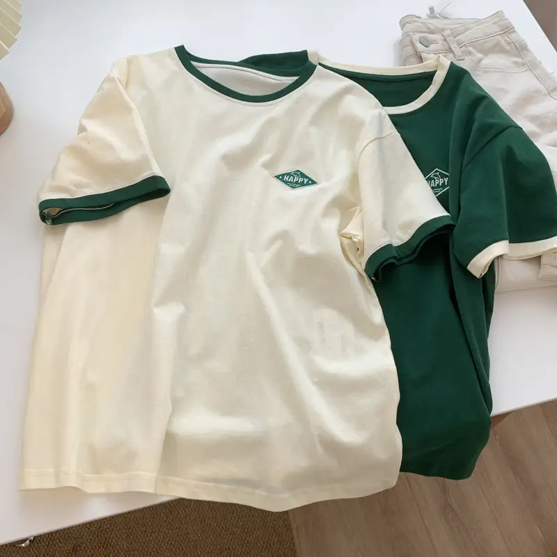 Women Crossbody T-Shirt Green Cream Contrast 2022