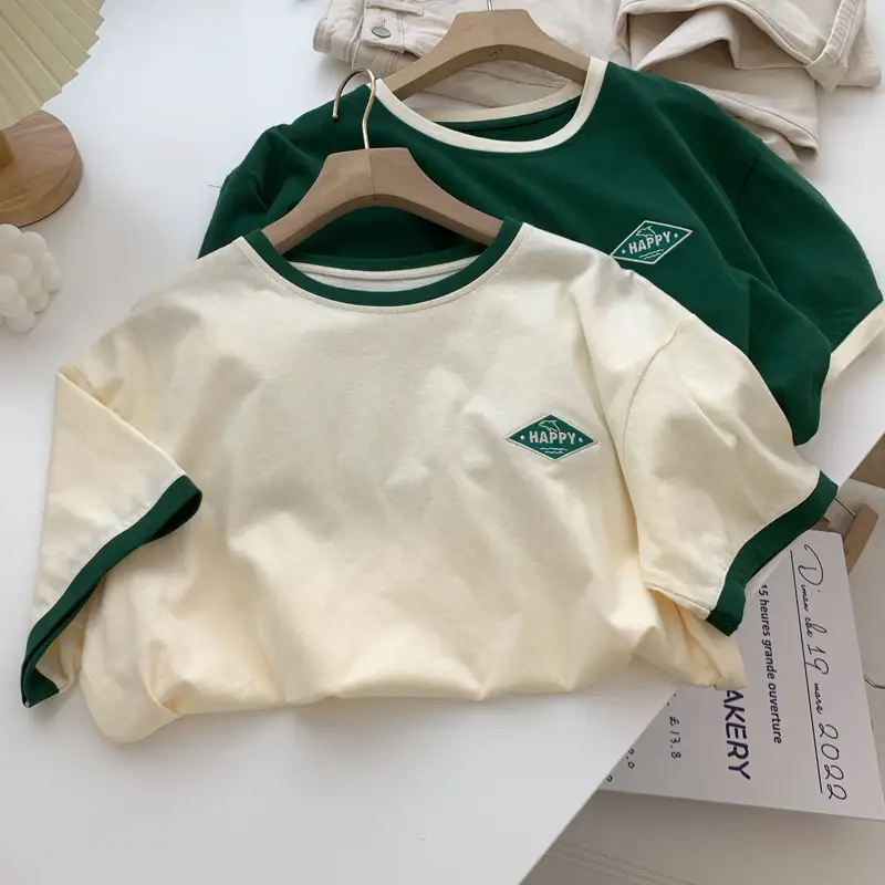 Women Crossbody T-Shirt Green Cream Contrast 2022