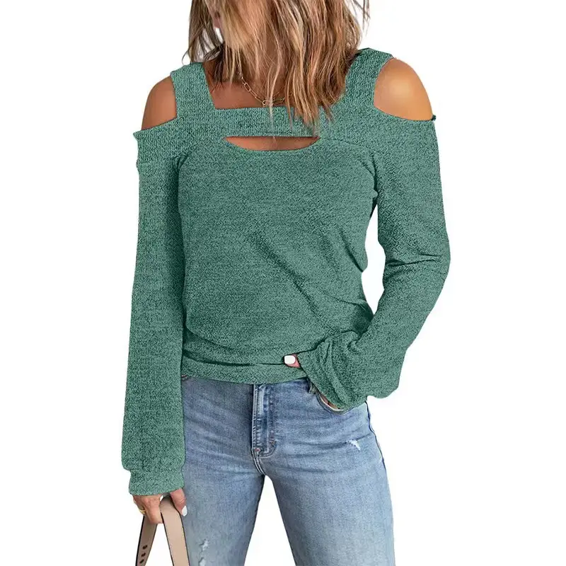 2022 Women's Blue Cold Shoulder Long Sleeve T-Shirt - Image 10
