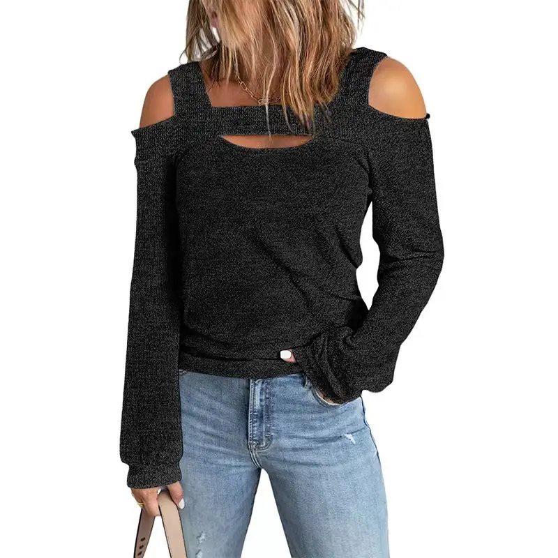 2022 Women's Blue Cold Shoulder Long Sleeve T-Shirt - Image 2