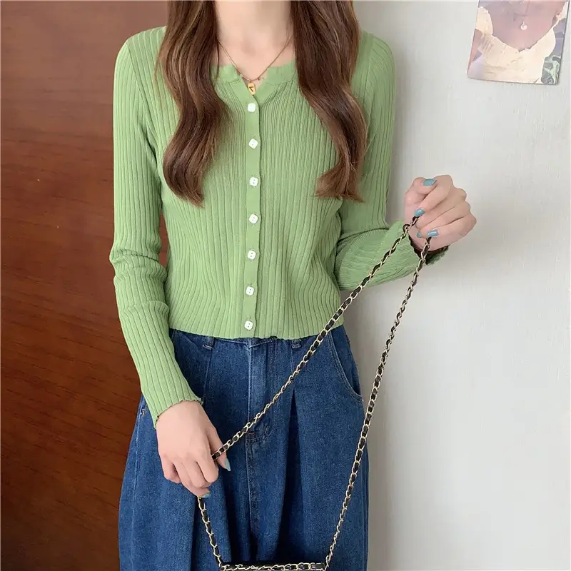 Women's Green Ice Silk Knitted Cardigan Jacket - Image 2
