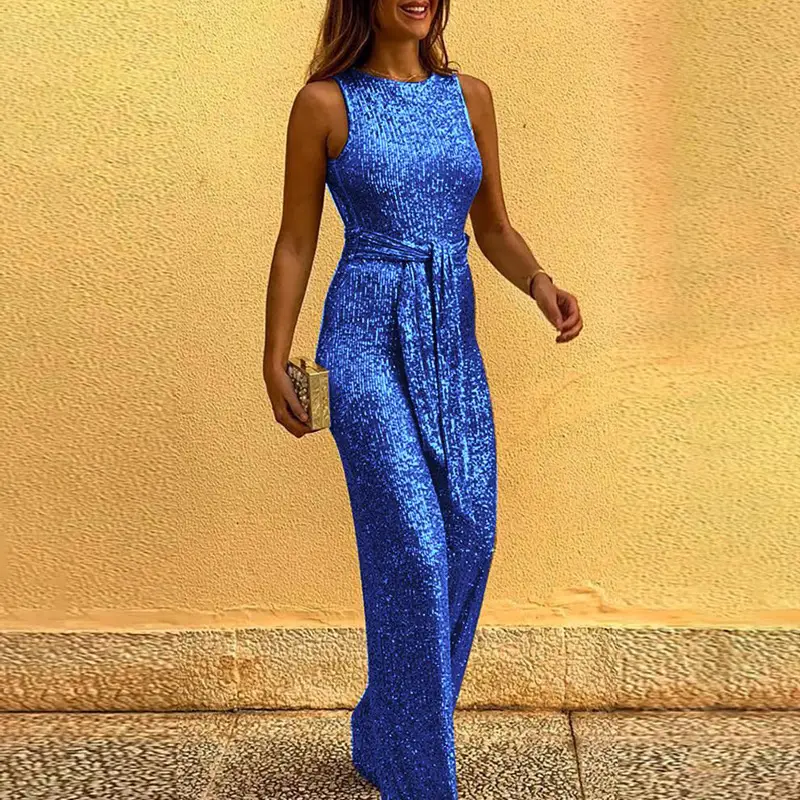 2023 Silver Sequin Point Jumpsuit Women's Crew Neck Sleeveless - Image 3