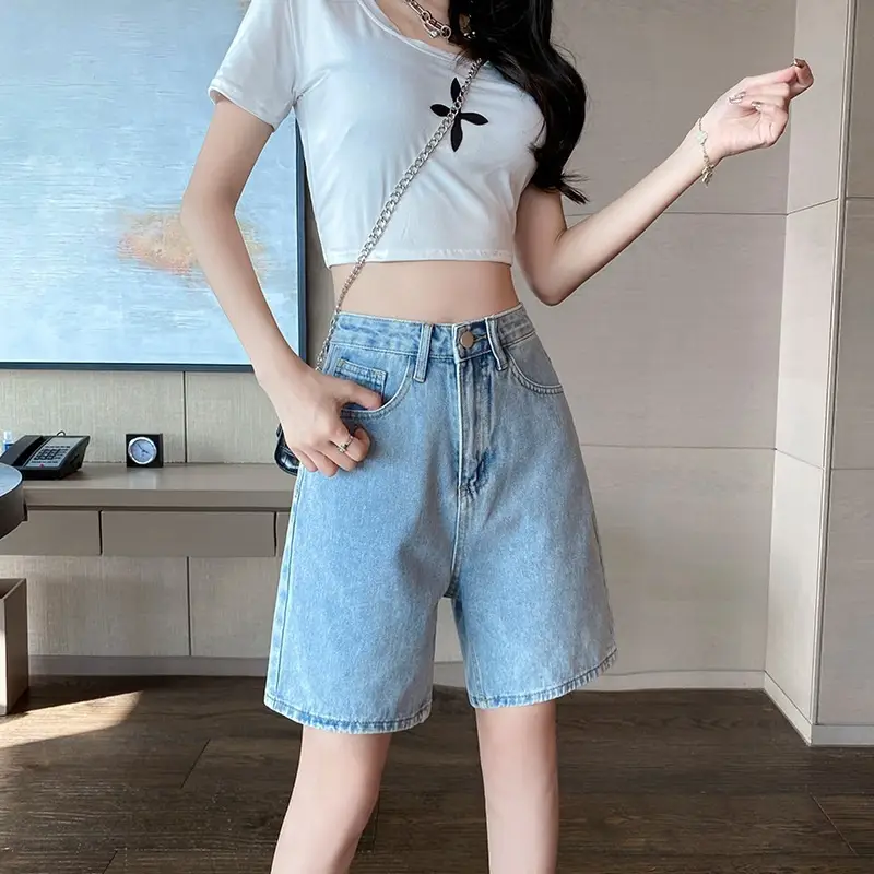 Women Denim Shorts High Waist Blue 2022 Casual - Image 3