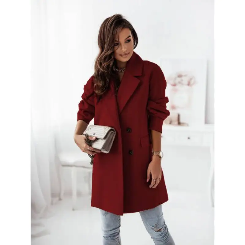 Women Woolen Long Sleeve Collar Jacket Red - Image 5