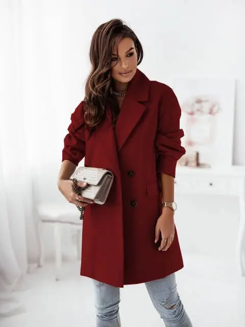 Women Woolen Long Sleeve Collar Jacket Red — feature 10