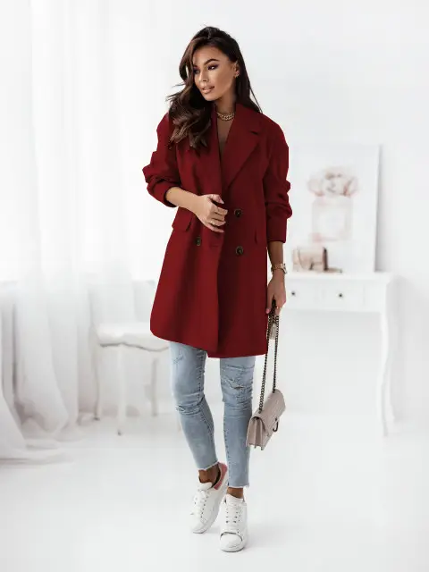 Women Woolen Long Sleeve Collar Jacket Red — feature 11
