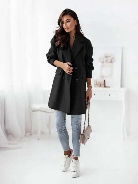 Women Woolen Long Sleeve Collar Jacket Red — feature 14