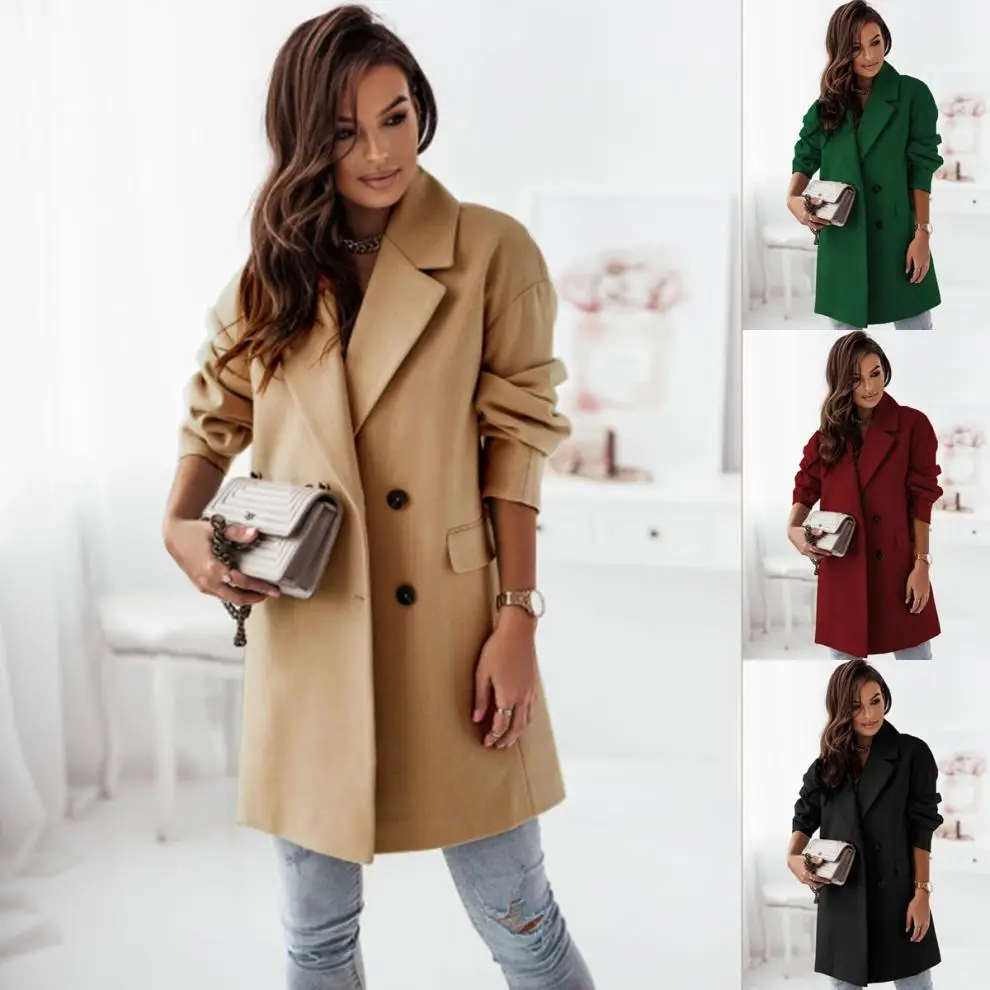 Women Woolen Long Sleeve Collar Jacket Red — feature 3