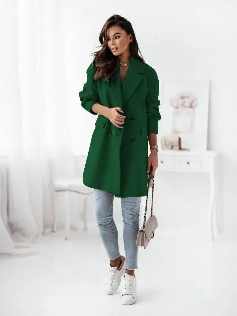Women Woolen Long Sleeve Collar Jacket Red — feature 5