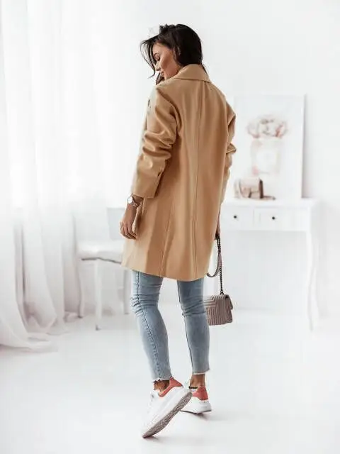 Women Woolen Long Sleeve Collar Jacket Red — feature 9