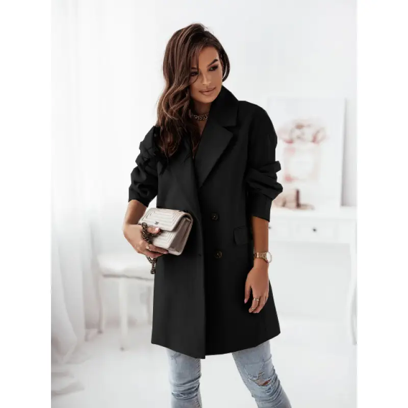 Women Woolen Long Sleeve Collar Jacket Red - Image 2