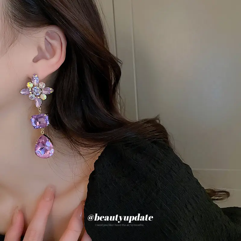 Purple Diamond Flower Drop Earrings for Women - Image 3