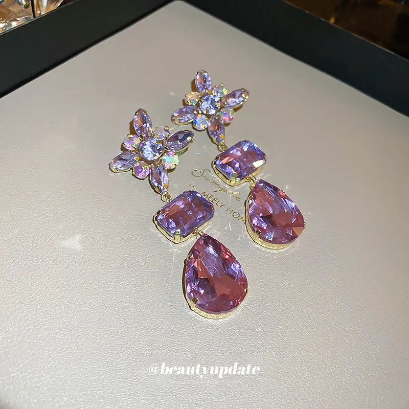 Purple Diamond Flower Drop Earrings for Women - Image 4