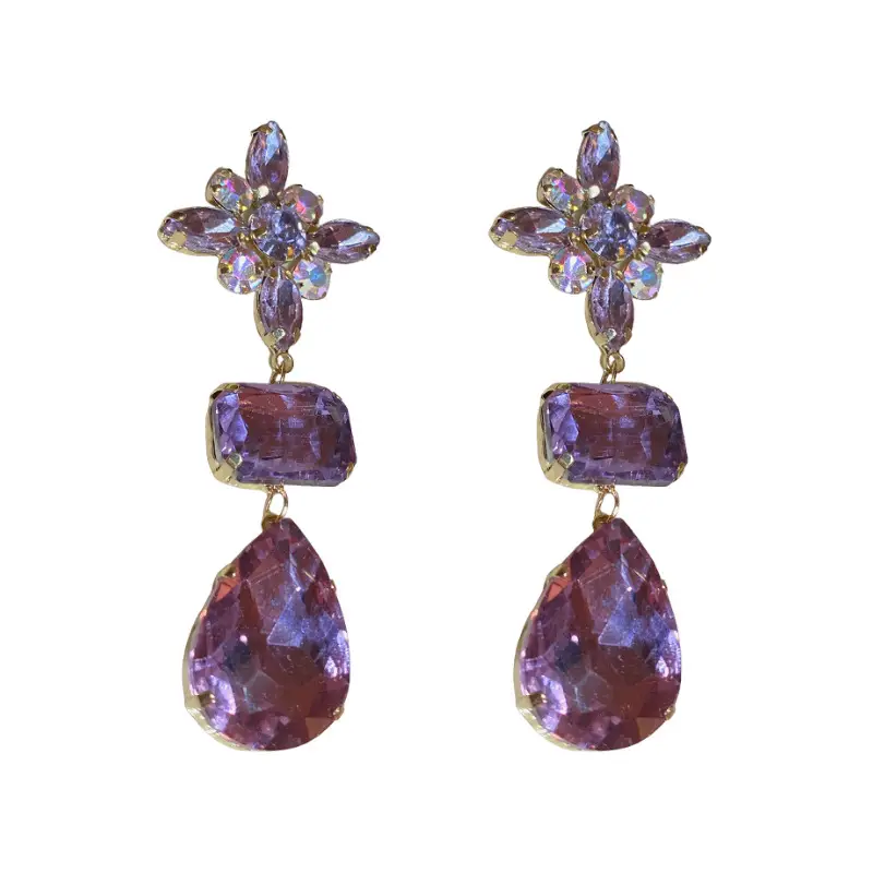 Purple Diamond Flower Drop Earrings for Women - Image 6