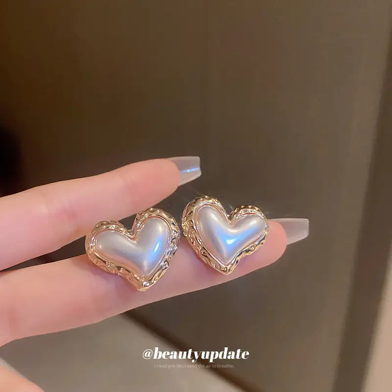Silver Needle Pearl Heart Earrings for Women