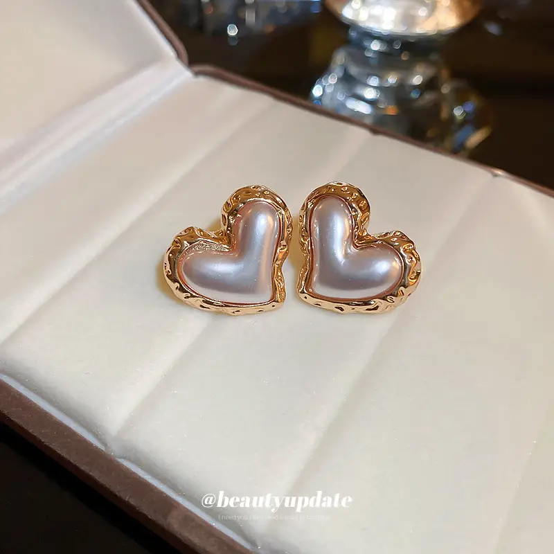 Silver Needle Pearl Heart Earrings for Women