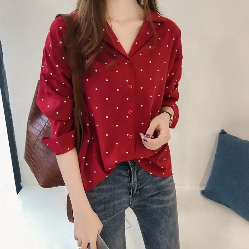 Women's Red Polka Dot Long Sleeve Blouse Shirt - Image 3