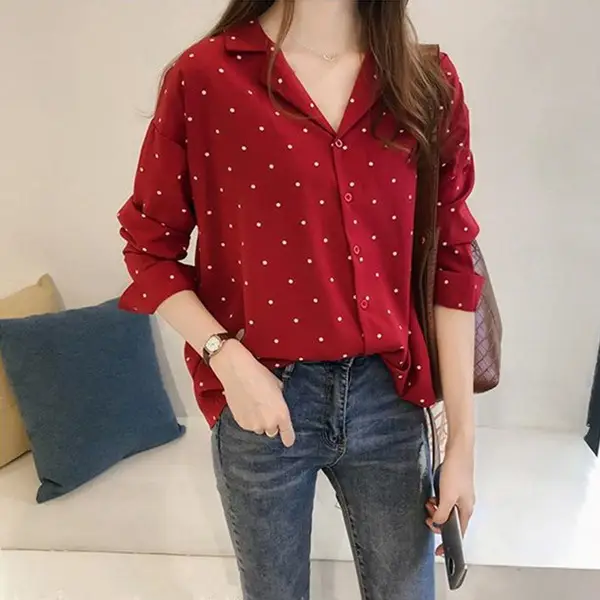 Women's Red Polka Dot Long Sleeve Blouse Shirt - Image 2