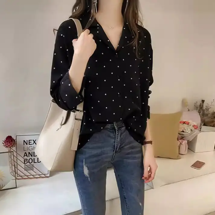 Women's Red Polka Dot Long Sleeve Blouse Shirt - Image 4