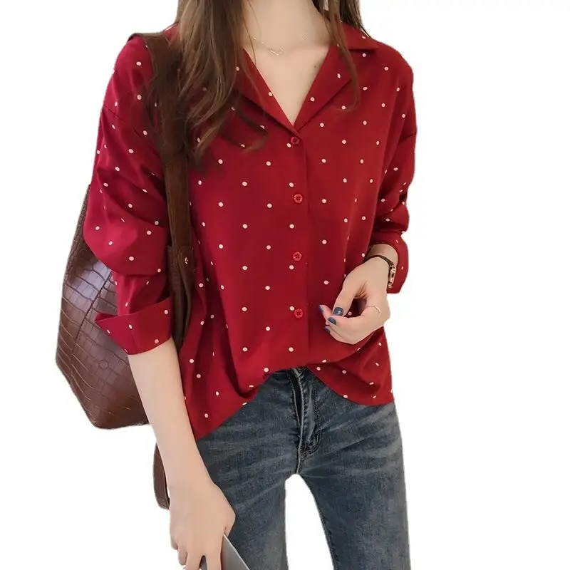 Women's Red Polka Dot Long Sleeve Blouse Shirt - Image 5