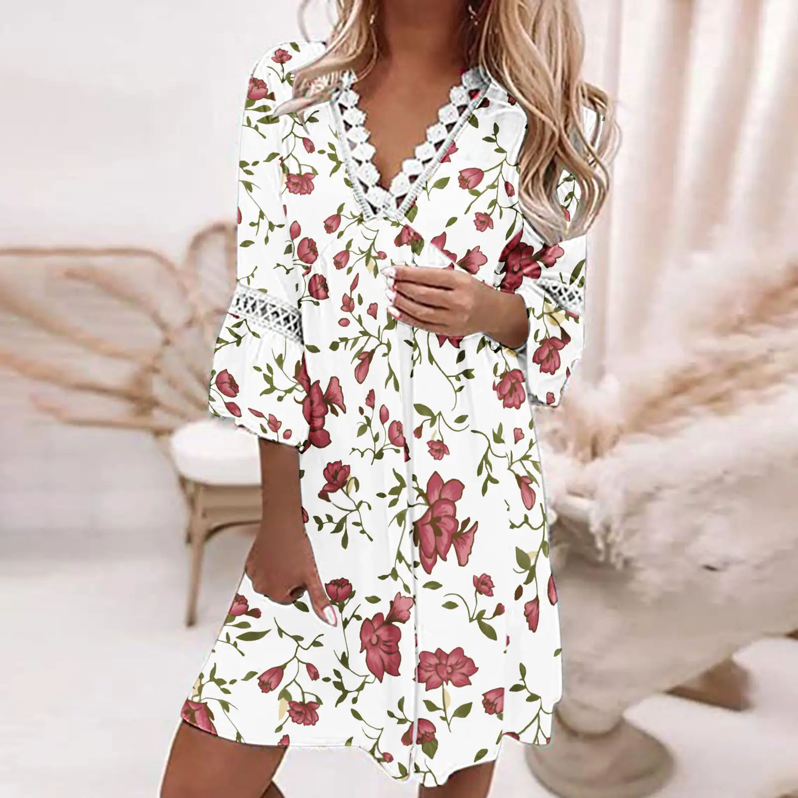 2022 V-Neck Floral Lace Dress Women - Image 3