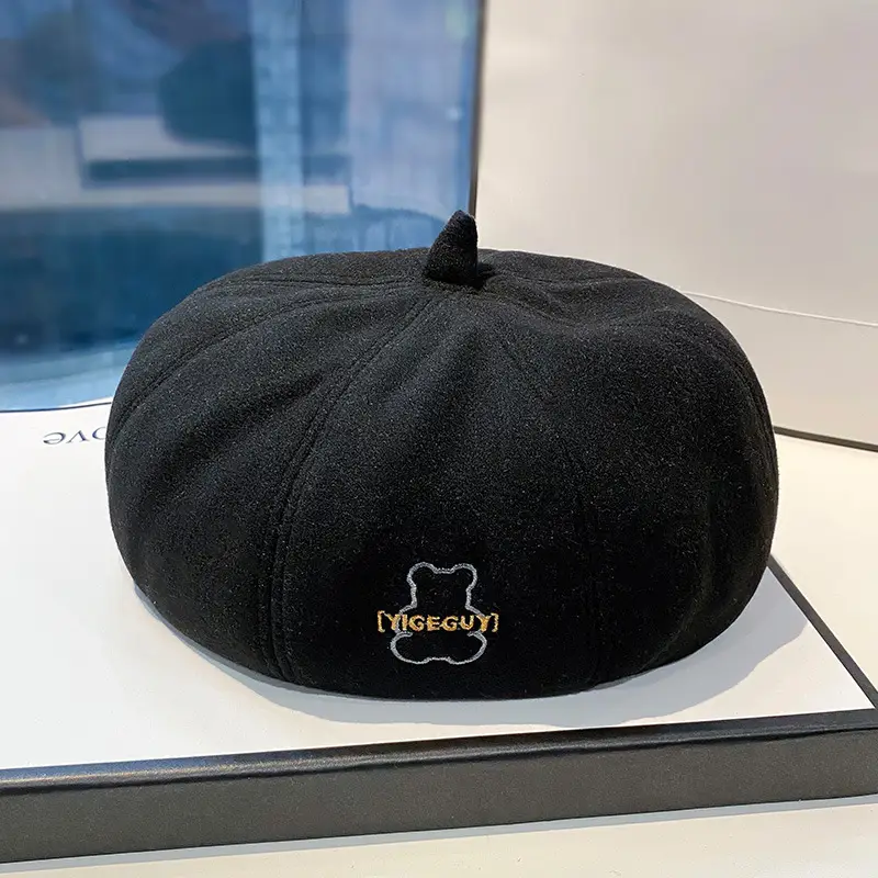 Black Woolen Embroidered Hat for Women - Image 2
