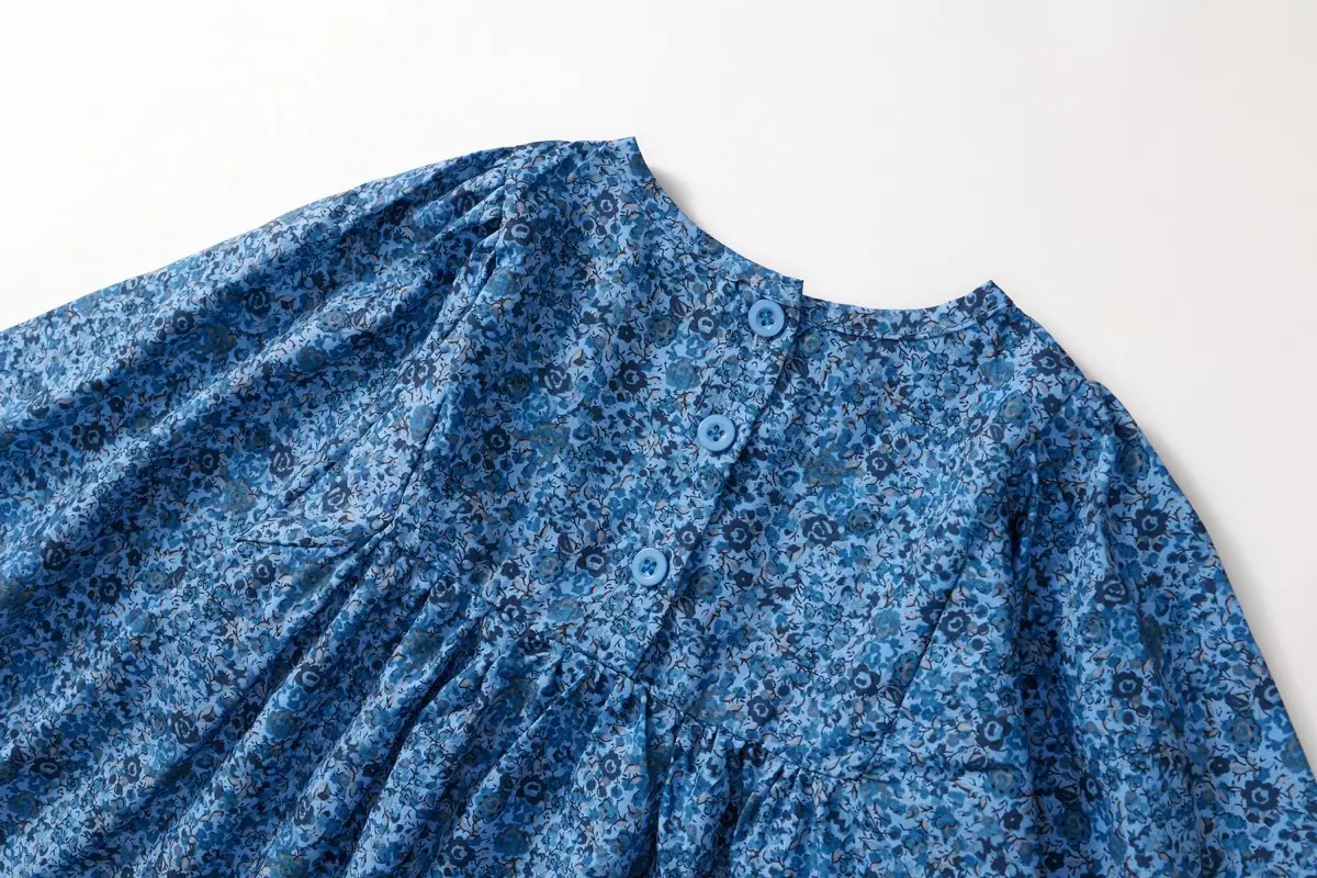 Girls Blue Floral Puff Sleeve Dress 2025 Autumn — feature 17